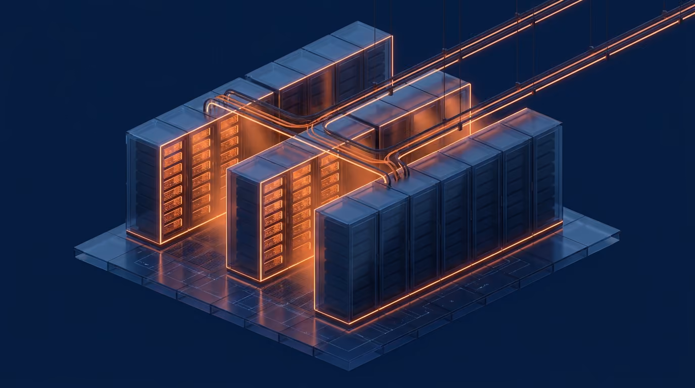 Ilustração 3D de corredor de datacenter com fileiras de racks