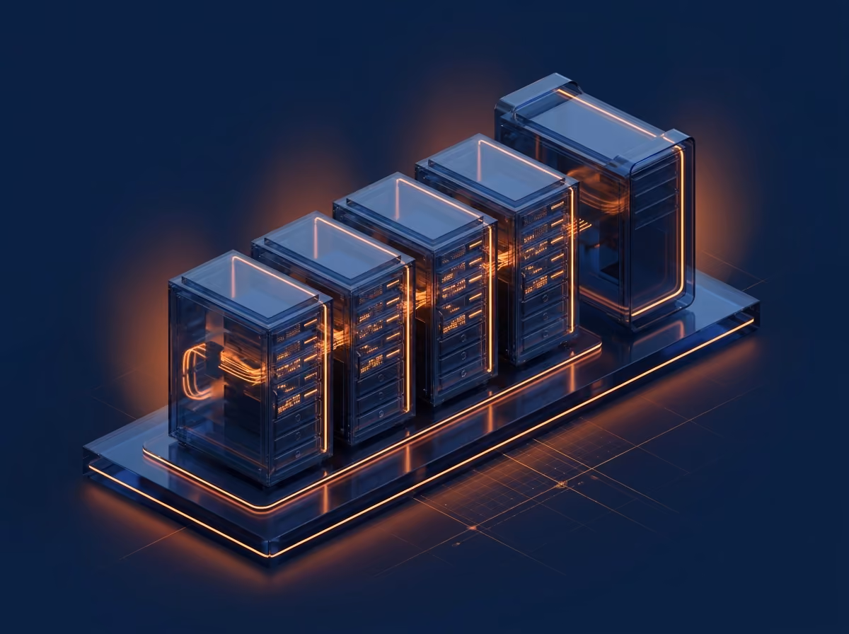 Ilustração 3D de servidores e componentes de hardware