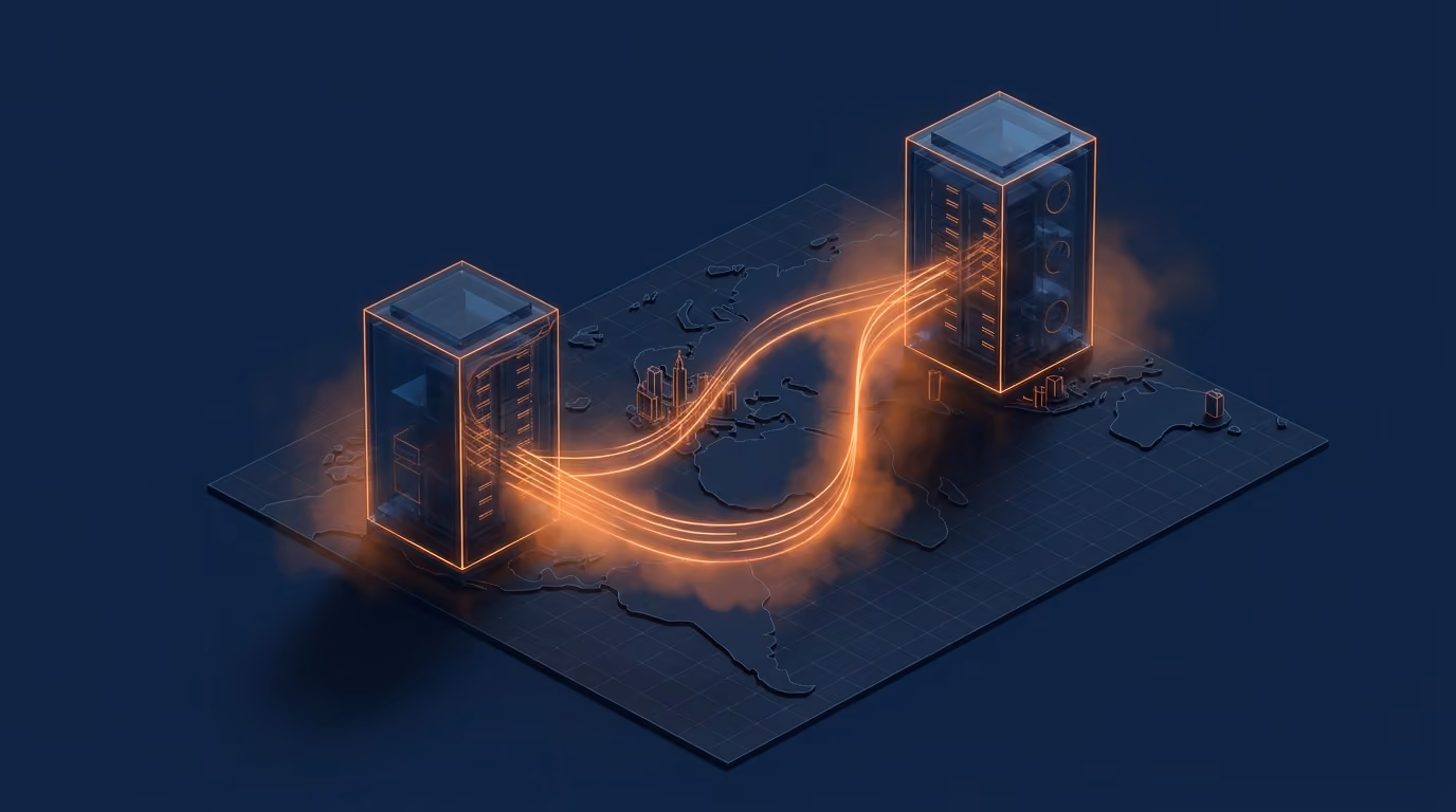 Ilustração 3D de dois datacenters interligados, em Belo Horizonte e Recife