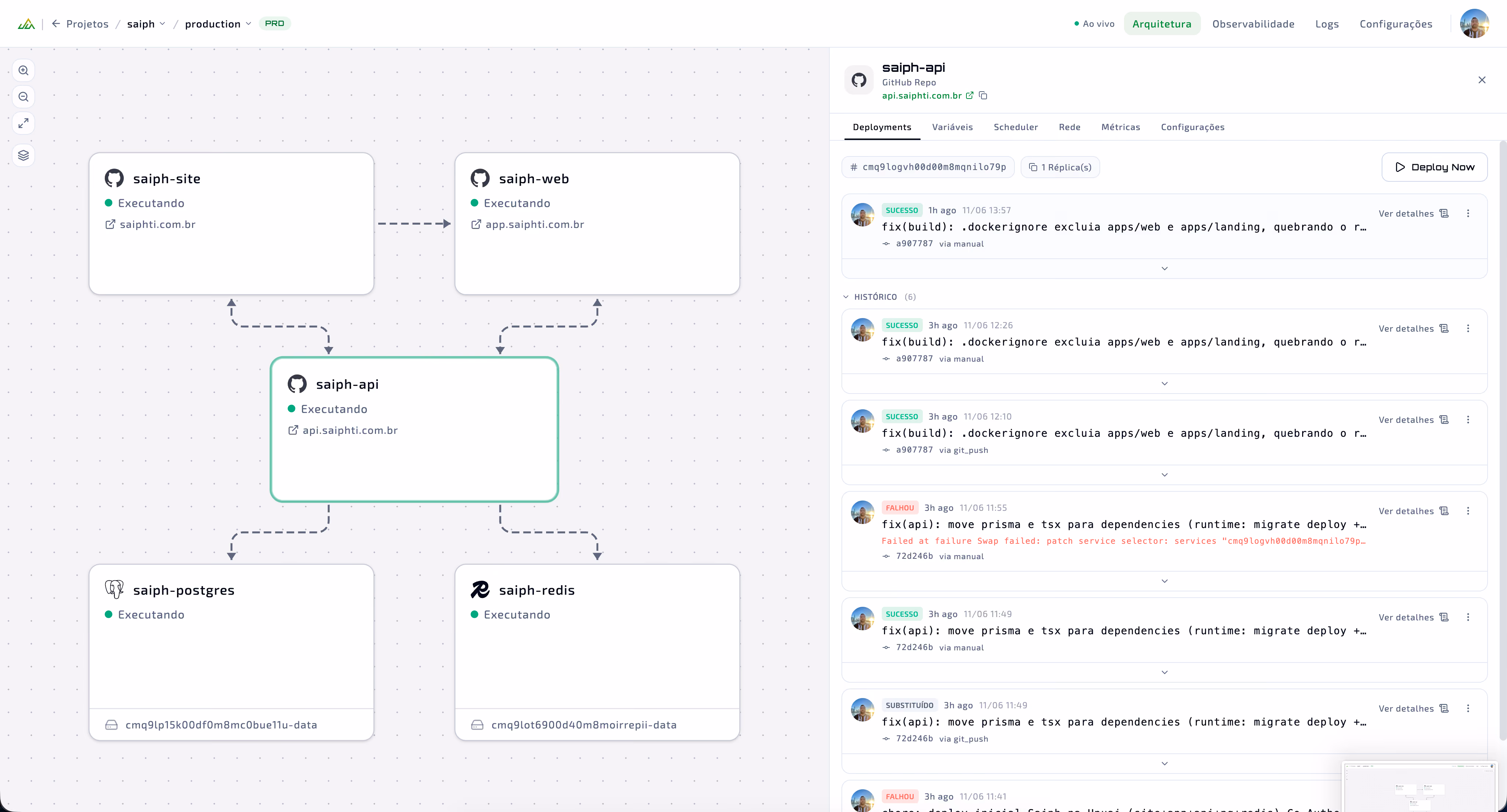 Detalhe de um serviço no UpUai com histórico de deployments via git push e botão Deploy Now