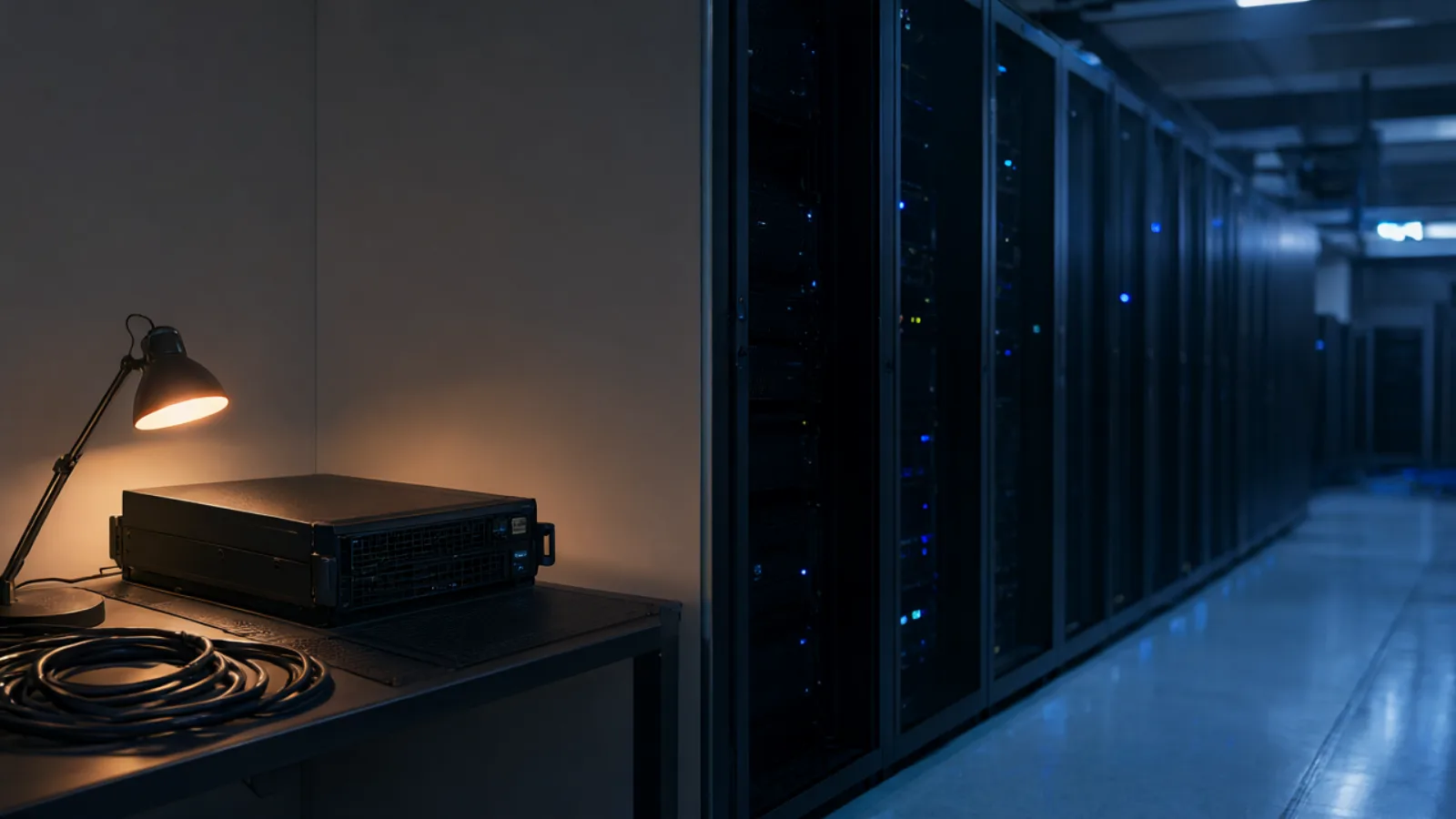 Cena ilustrativa de um servidor sobre uma bancada de escritório, com uma luminária acesa, ao lado de um corredor de racks de datacenter com luzes azuis.